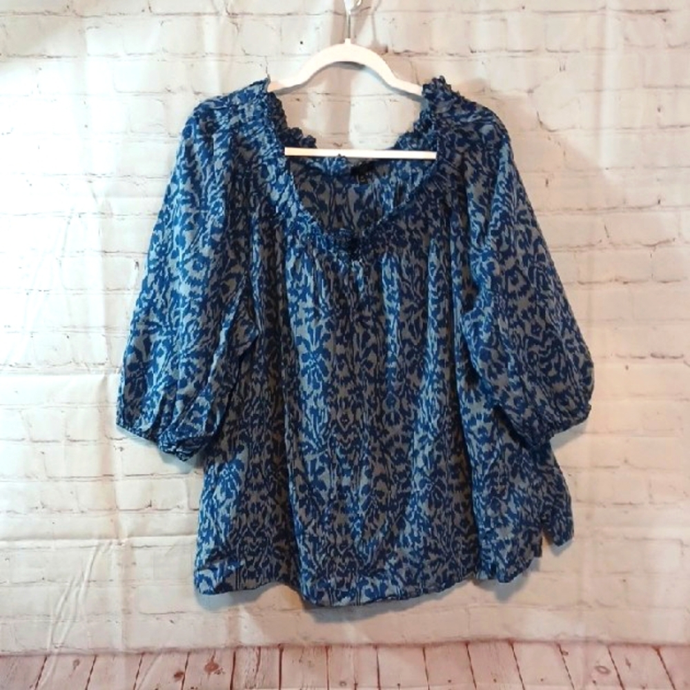 Talbots Woman Y2K Blue Ruffle Boho Blue Tropical Cotton Crop Top 3XL